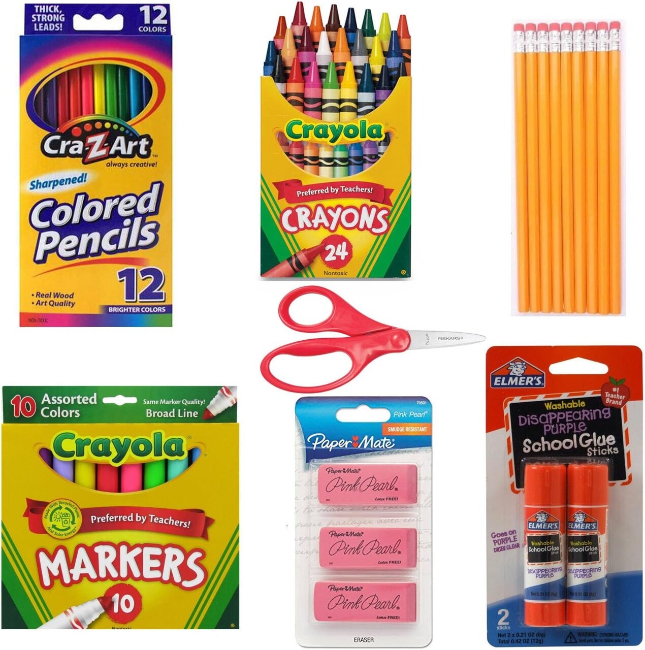School Supply Basics - Supply Pack for Pre-School, 1St, 2Nd, and 3Rd Grade - Markers, Colored Pencils, Lead Pencils, Crayons, Scissors, 2 Glue Sticks, 3 Erasers